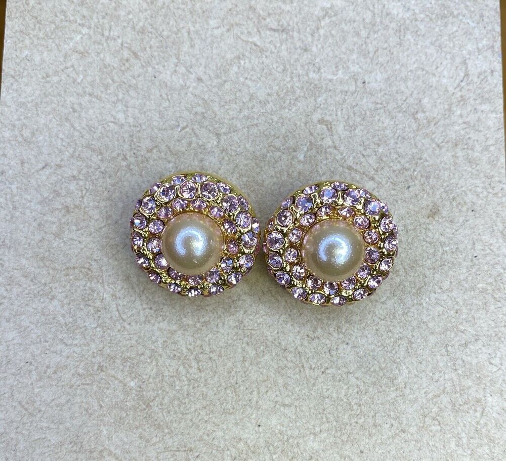 Joan Rivers Pink Rhinestone & Faux Pearl Clip On Earrings